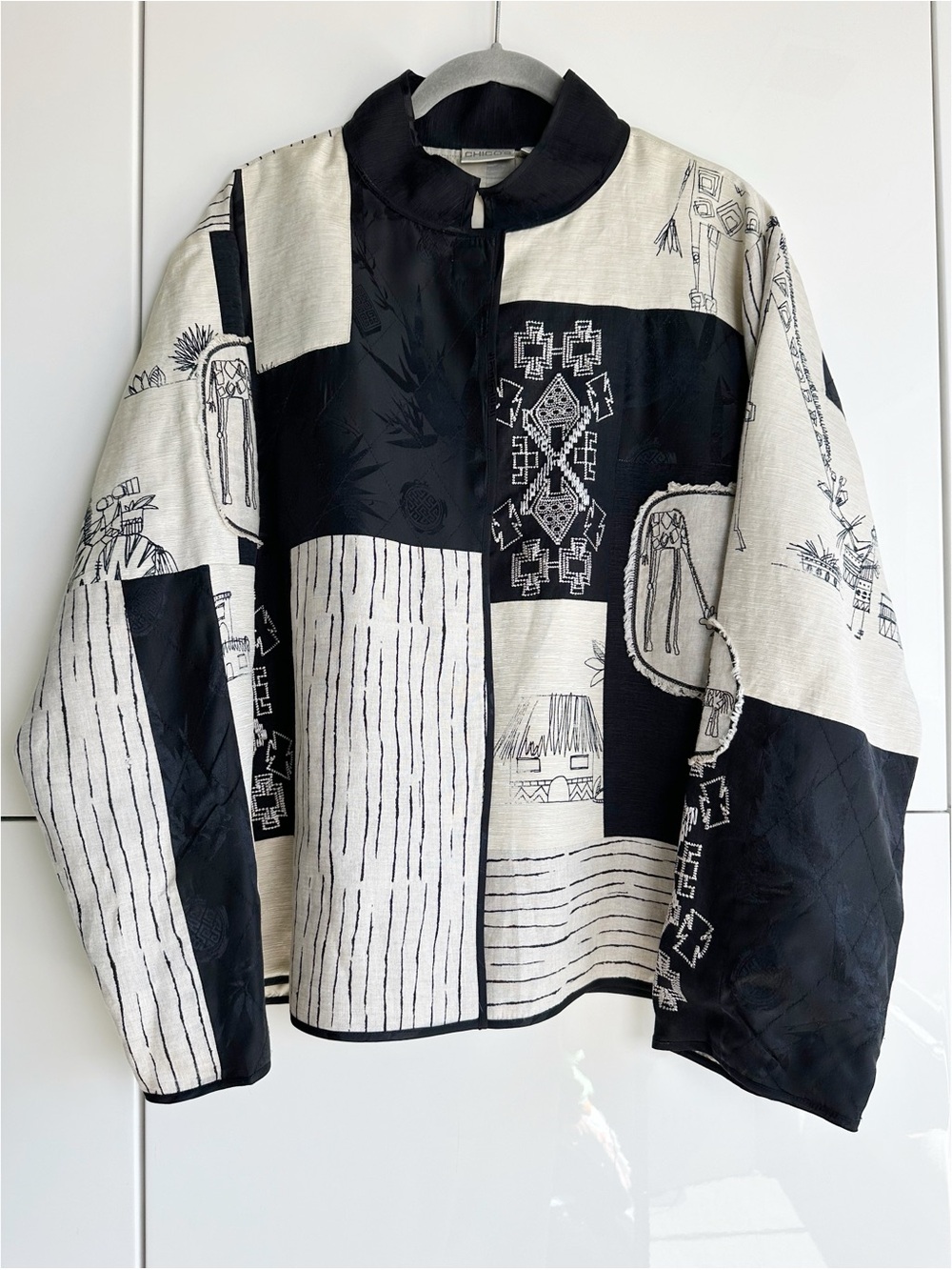Chico's Black & White Chopstix Jacket Linen Silk African Motifs Mandarin Collar